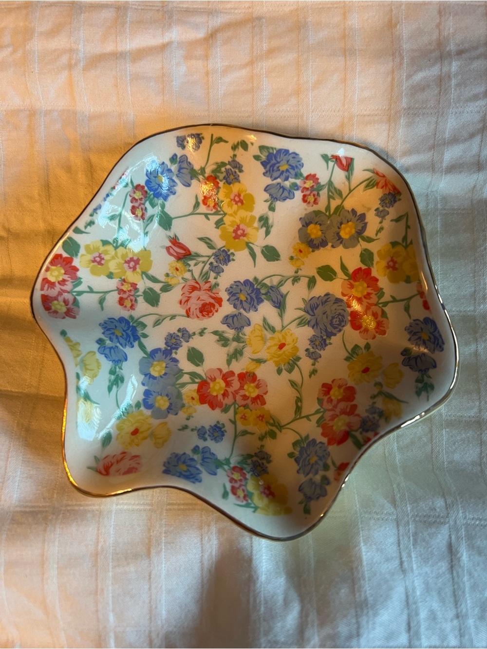 Target Floral Pattern Jewelry Dish in Blue, Yellow, Red, Green with Gold Trim